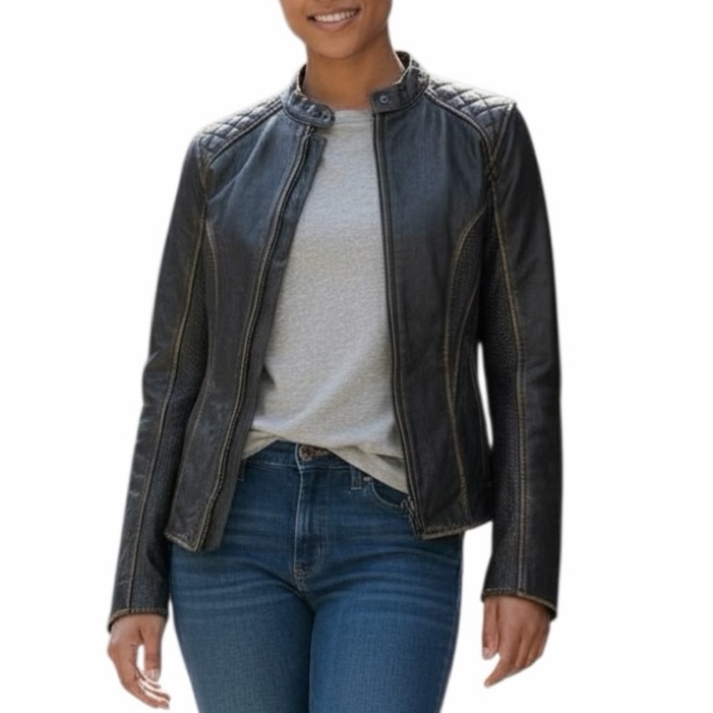 Bilt Harper Women's Black Leather Moto Jacket Perforated Panels XS